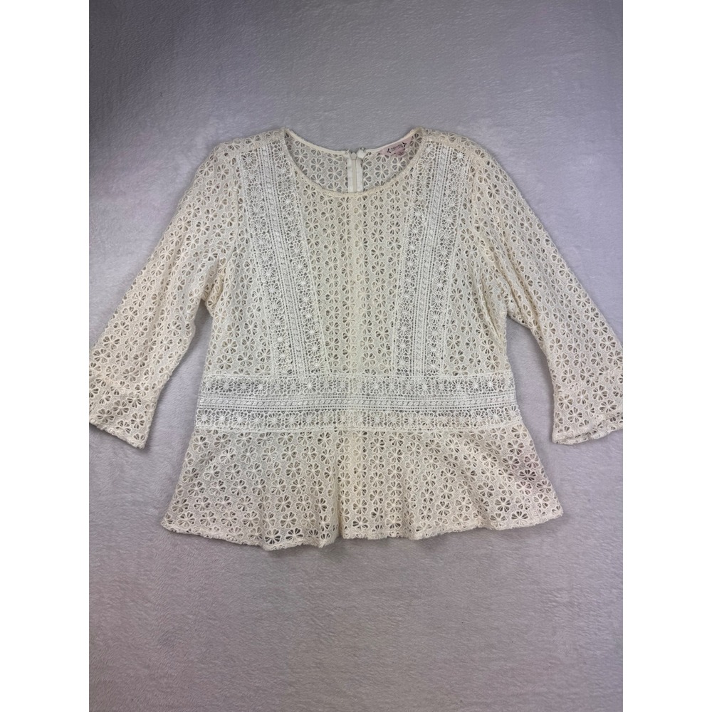 Nanette Lepore Ivory Eyelet Lace Peplum Top XL Cotton 3/4 Sleeve Zip Back Blouse